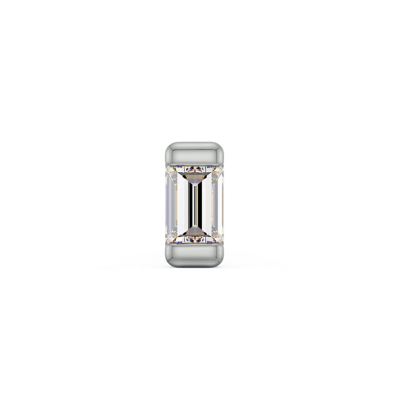 14k white gold baguette diamond threadless push pin end, front view showing step-cut diamond in bar setting