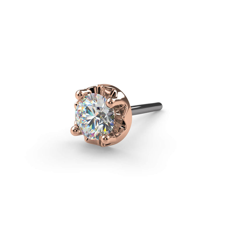 Close-up of 14k rose gold illusion VS1 diamond end showing crown setting detail and threadless push-pin