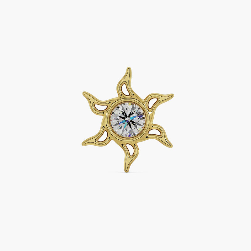14k yellow gold sunburst threadless stud end with CZ center, flat front view
