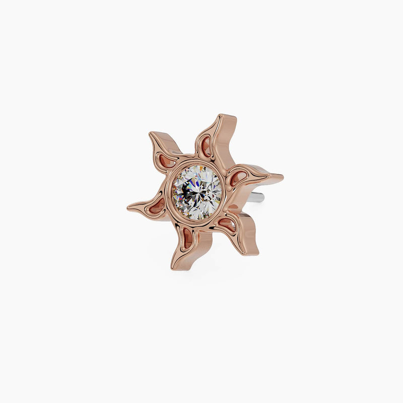 14k rose gold sunburst threadless stud end with CZ center, angled view showing push-pin post