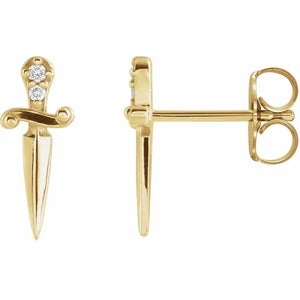14K yellow gold diamond dagger stud earrings shown front and side profile with butterfly backs