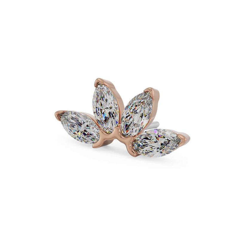14k rose gold marquise fan threadless stud end with four CZ stones, angled side view