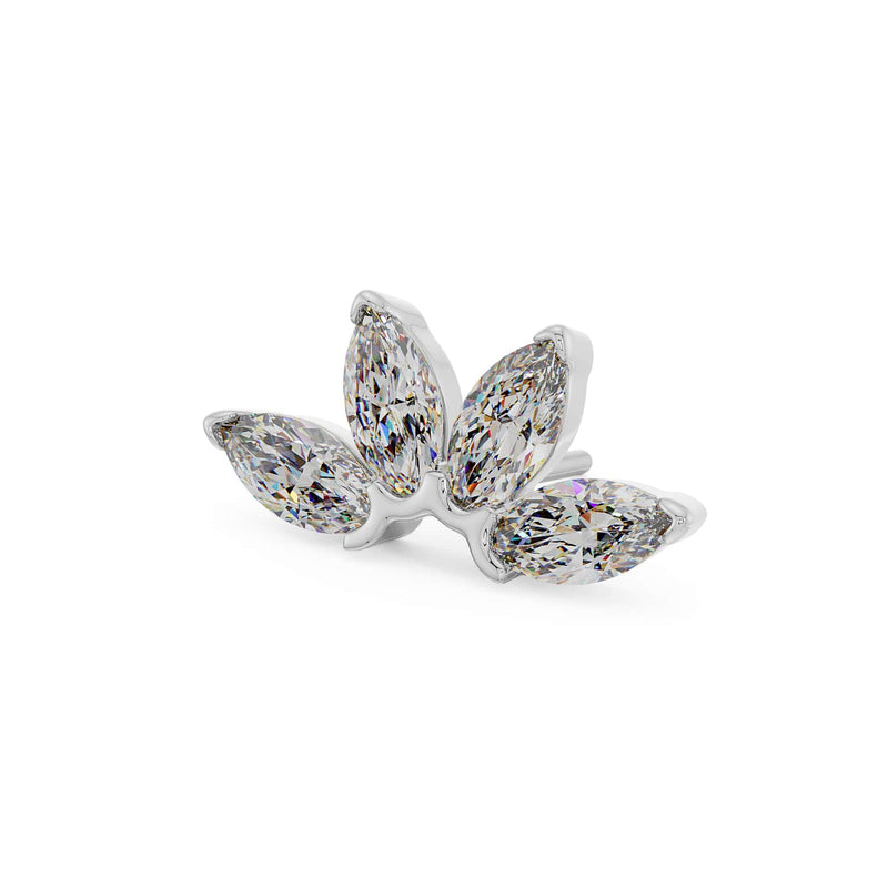 14k white gold marquise fan piercing stud end, angled side view showing stone depth