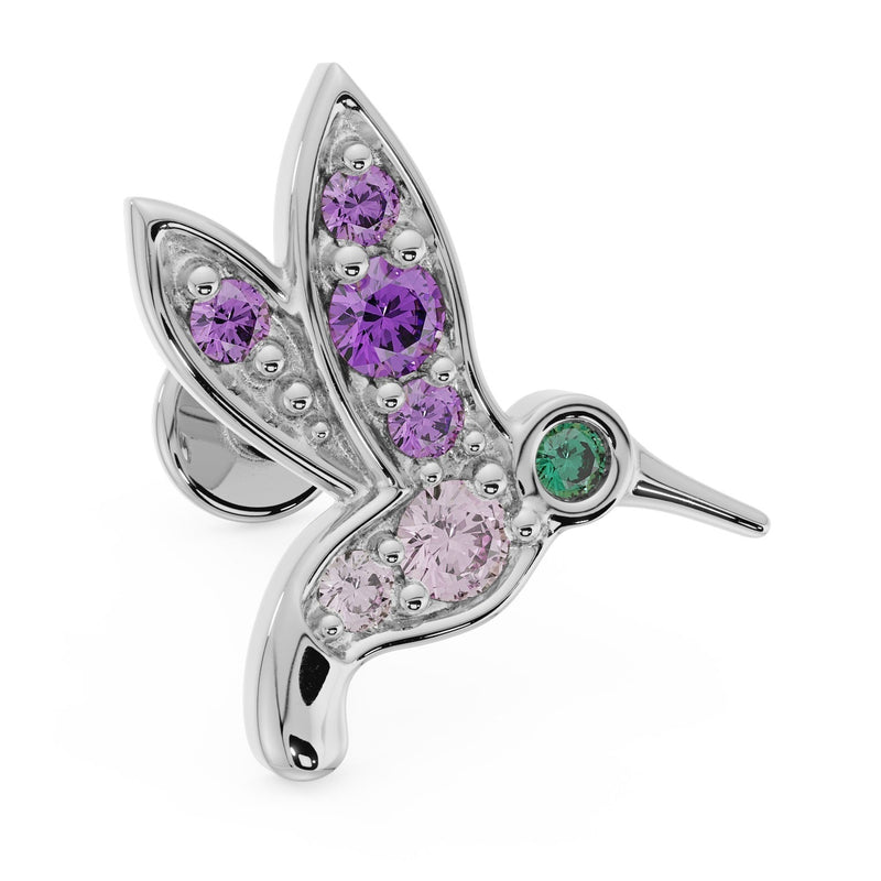 14K white gold hummingbird flat back earring with amethyst, pink sapphire, and emerald gemstones, front view