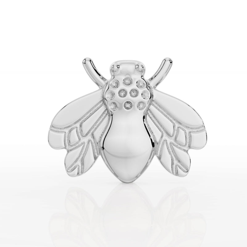 14k white gold bee threadless stud end, front view with polished wings and rounded body detail