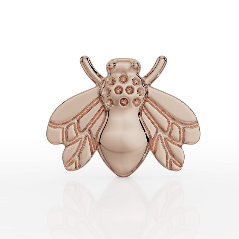 14k rose gold bee threadless stud end, front view showing warm blush tone and wing engraving