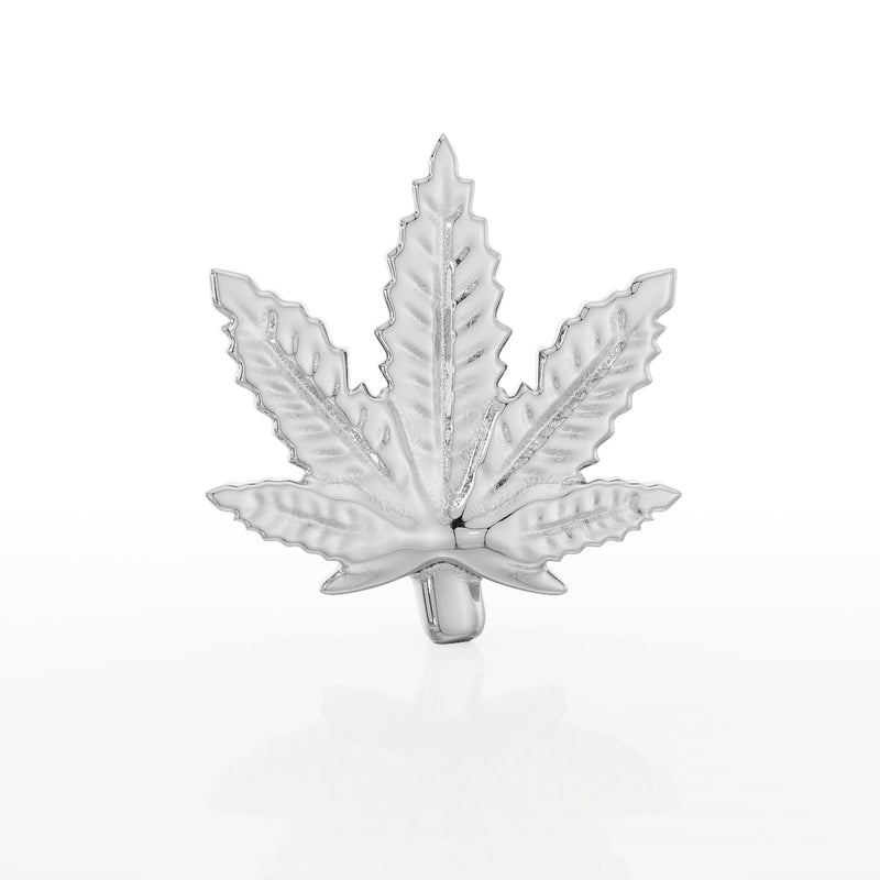 14k white gold marijuana leaf threadless piercing stud end, front view with engraved vein detail