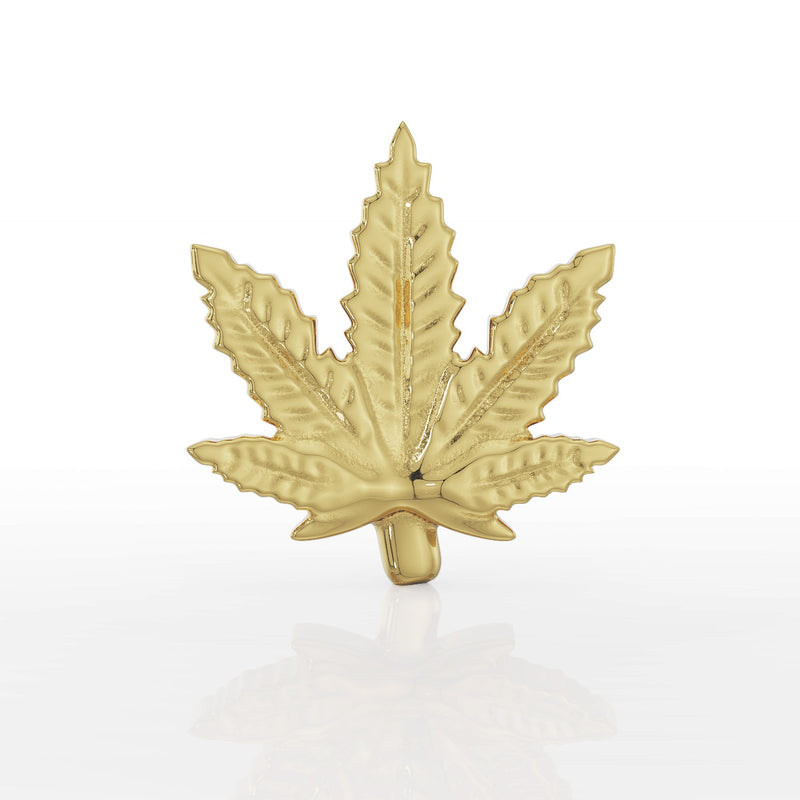 14k yellow gold marijuana leaf threadless piercing stud end, front view showing engraved leaf detail