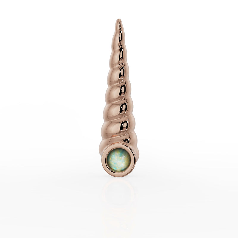 14k rose gold opal unicorn horn threadless stud end with bezel-set genuine opal, front view