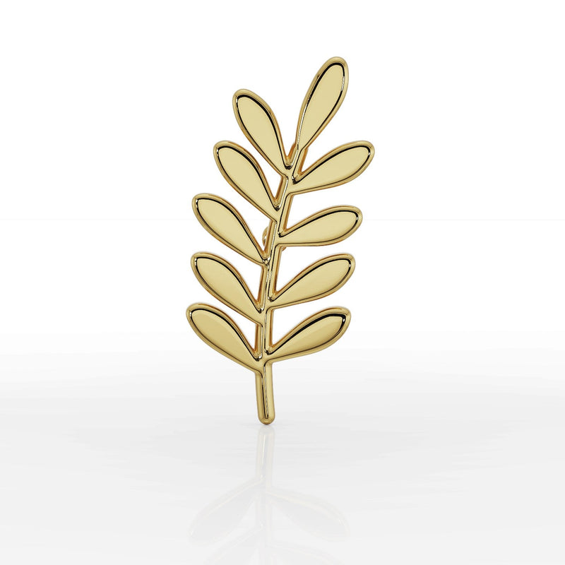 14k yellow gold olive branch threadless end, slightly angled view highlighting leaf texture and depth