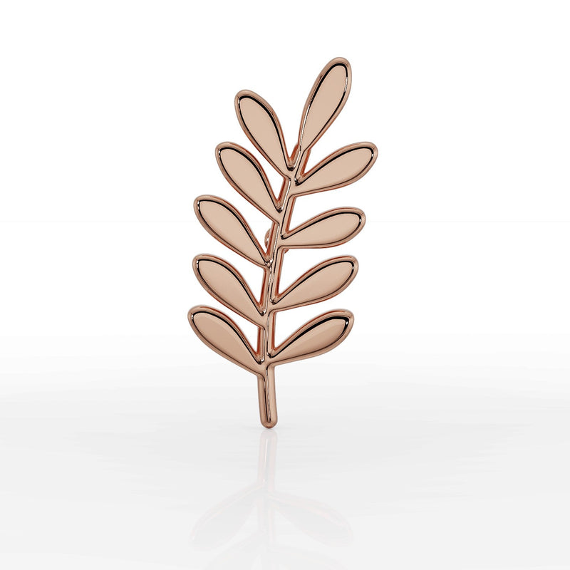 14k rose gold olive branch threadless end, angled view emphasizing blush-toned leaf silhouette