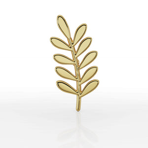 14k yellow gold olive branch threadless stud end, front view showing polished leaf detail