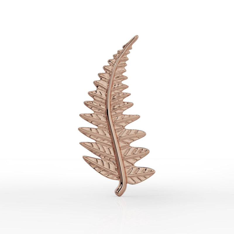 14k rose gold fern leaf threadless end, front-facing view highlighting blush tone and leaf vein texture