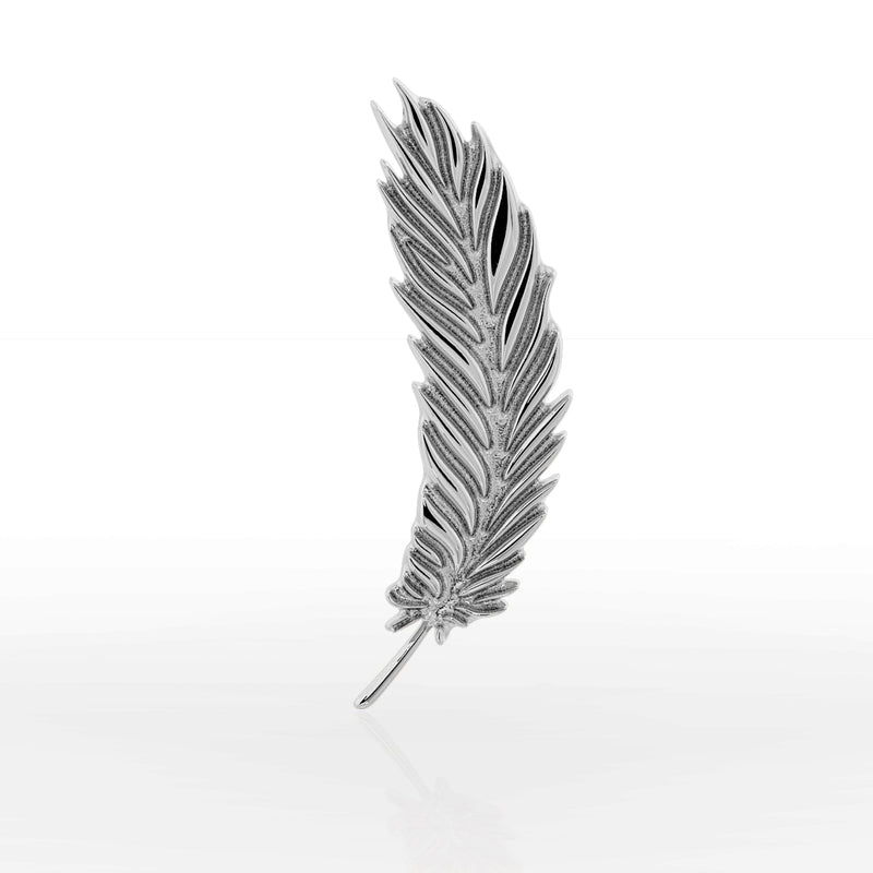 14k white gold feather threadless stud end, angled view with engraved barb detail and polished finish