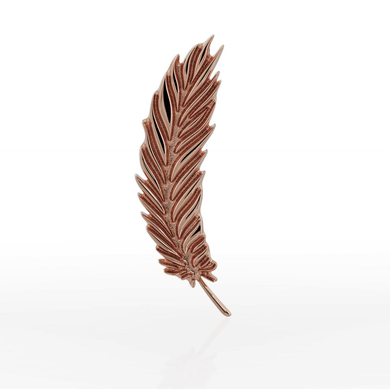 14k rose gold feather threadless end, closer front view displaying layered barb engraving and warm gold tone