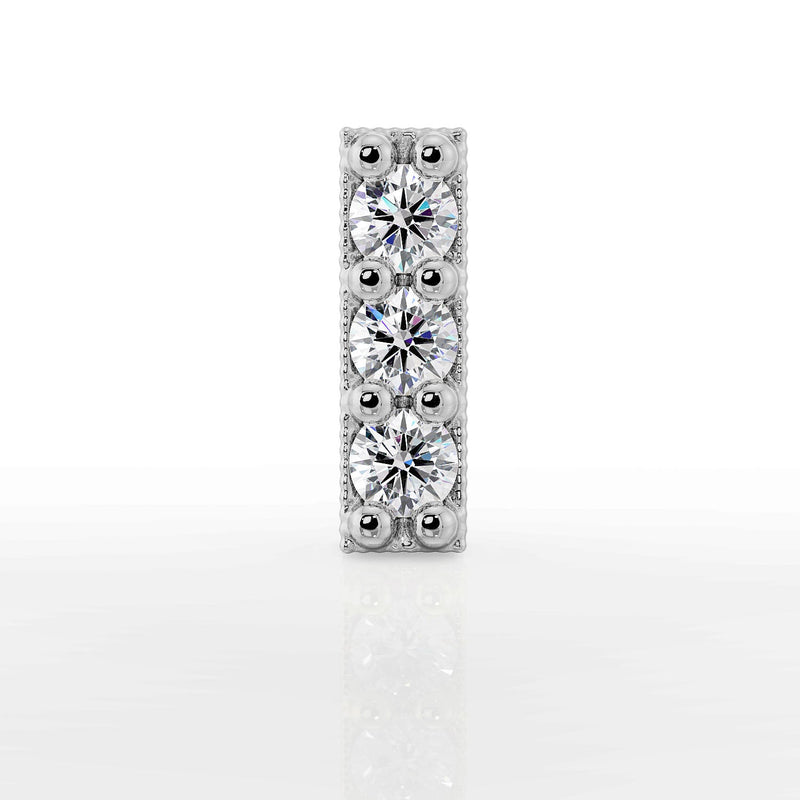 14k white gold trinity milgrain bar piercing stud with three sparkling round gems, front view