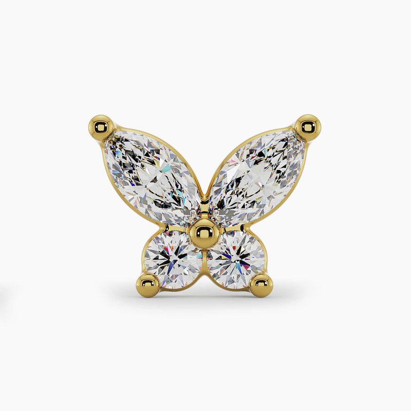 14k yellow gold diamond butterfly nose ring end only, close-up front view of marquise and round diamond setting