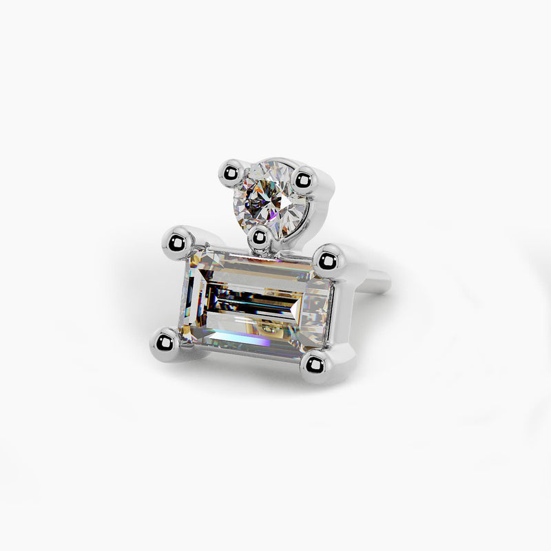 14k white gold round and baguette diamond threadless stud end, angled view