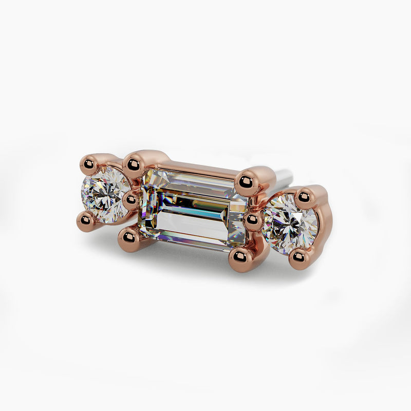 14k rose gold Eliza baguette and duo round diamond threadless stud end, angled three-quarter view