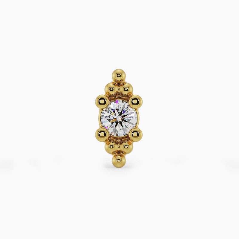 14k yellow gold Bali Blossom diamond pushpin end, straight-on front view showing beaded surround