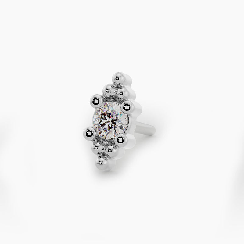 14k white gold Bali Blossom diamond threadless end with polished beaded setting, angled view