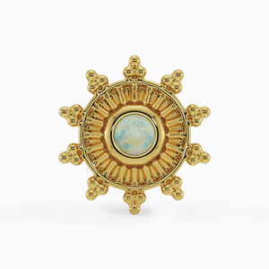 14k yellow gold opal sunburst threadless stud end, front view showing intricate radiant detail