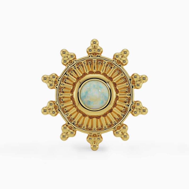 14k yellow gold opal sunburst threadless stud end, front view showing intricate radiant detail