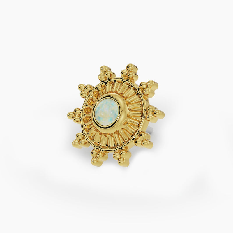 14k yellow gold genuine opal sunburst threadless end, angled view showing bezel setting depth
