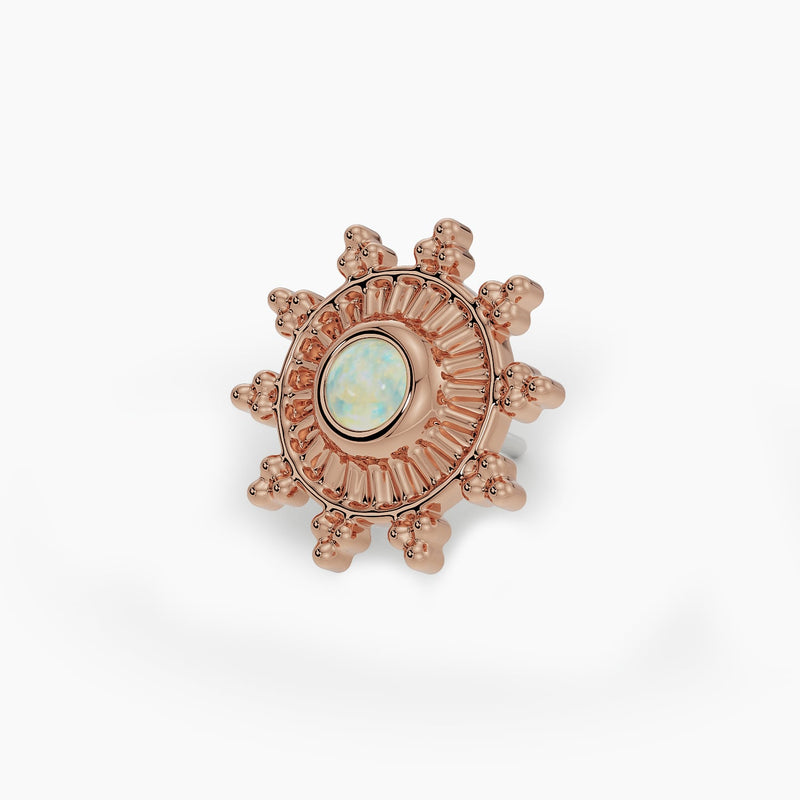 14k rose gold genuine opal sunburst threadless stud end, angled view showing warm metal tone