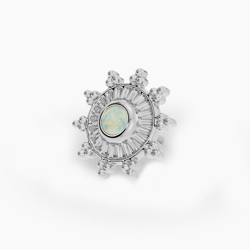 14k white gold genuine opal sunburst threadless stud end, angled view of sunray design