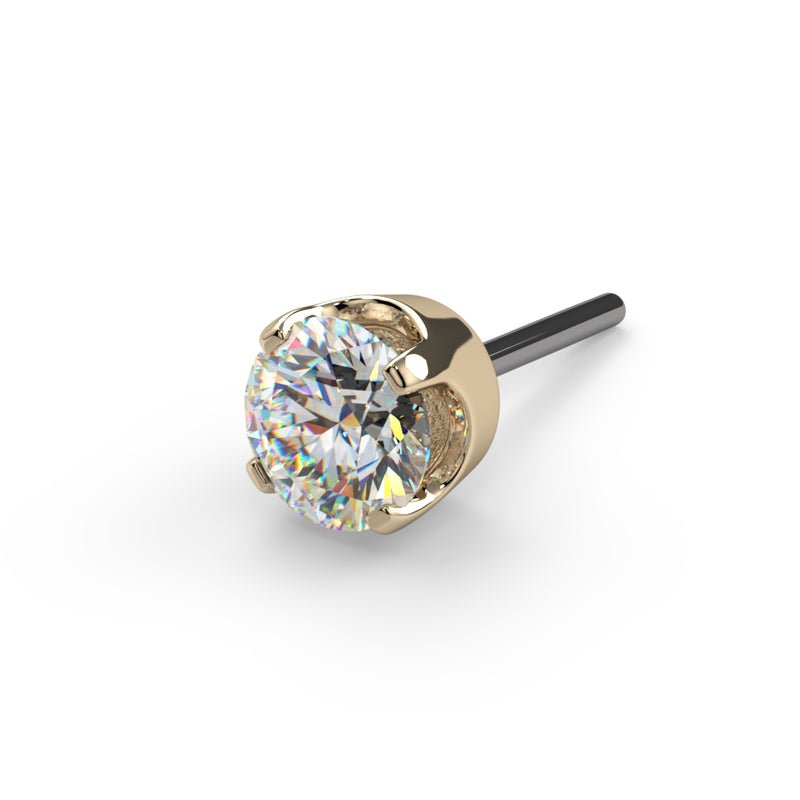 14k yellow gold CZ solitaire prong threadless push pin end, angled front view showing prong detail