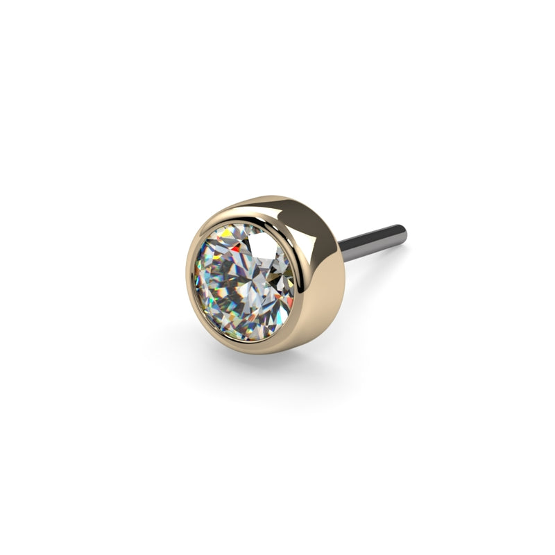 14k yellow gold diamond bezel threadless push pin end, angled front view showing VS1 diamond sparkle