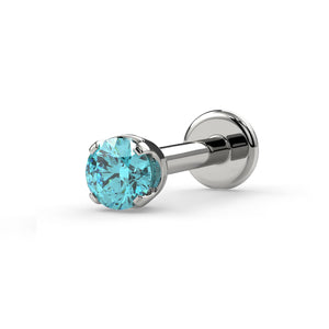 14k white gold 2mm aqua diamond prong flat back labret stud, angled view showing disc backing