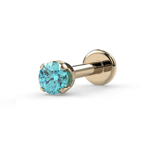 14k yellow gold 2mm aqua diamond prong flat back labret stud, angled view showing disc backing