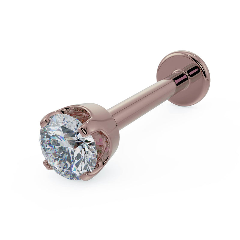 14k rose gold 2.5mm diamond flat back labret stud with high basket prong setting, angled view