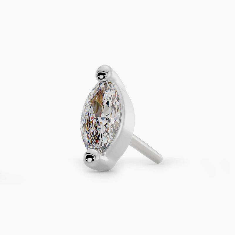 14k white gold VS1 marquise diamond threadless stud end, angled view showing setting and steel pin