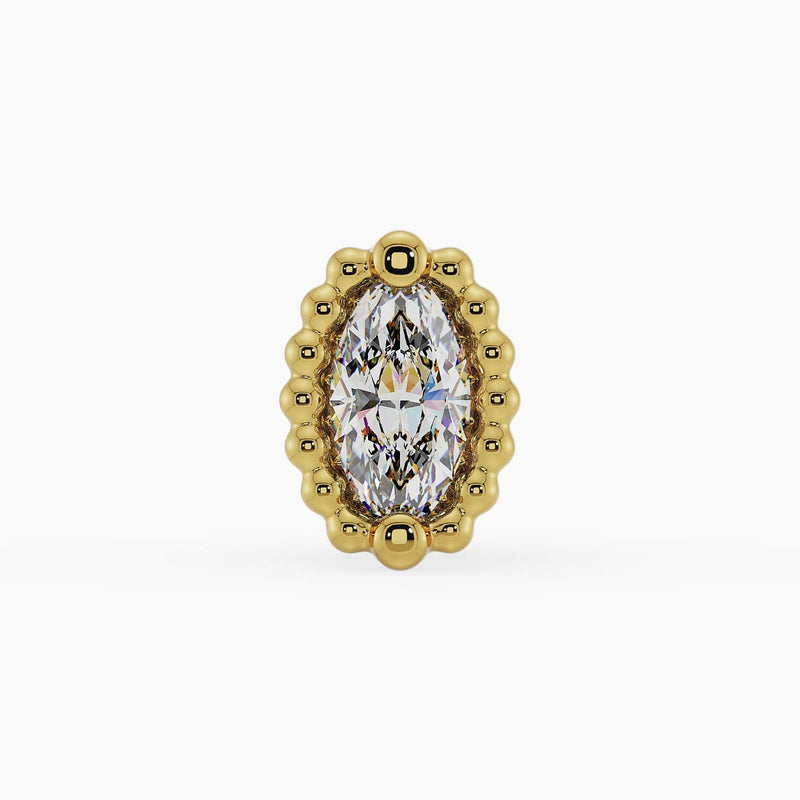 14k yellow gold vintage milgrain marquise diamond piercing stud end, straight-on front view