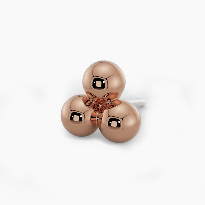 14k rose gold trinity bead cluster threadless end, angled view highlighting warm rose-toned polished beads