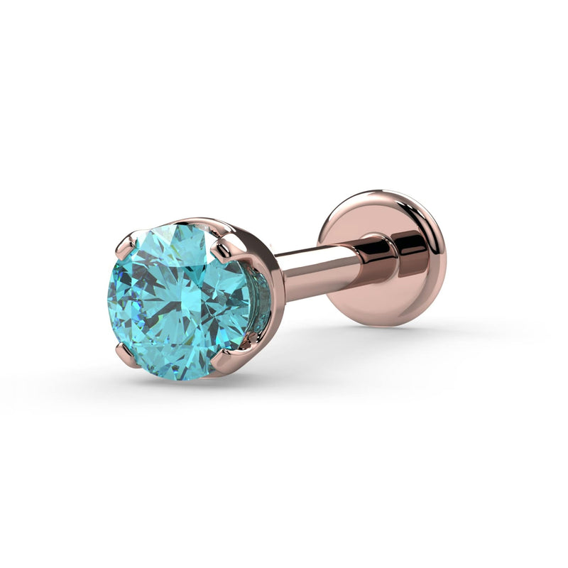 14k rose gold 2.5mm aqua diamond prong flat back labret stud, angled view showing warm tone and disc backing