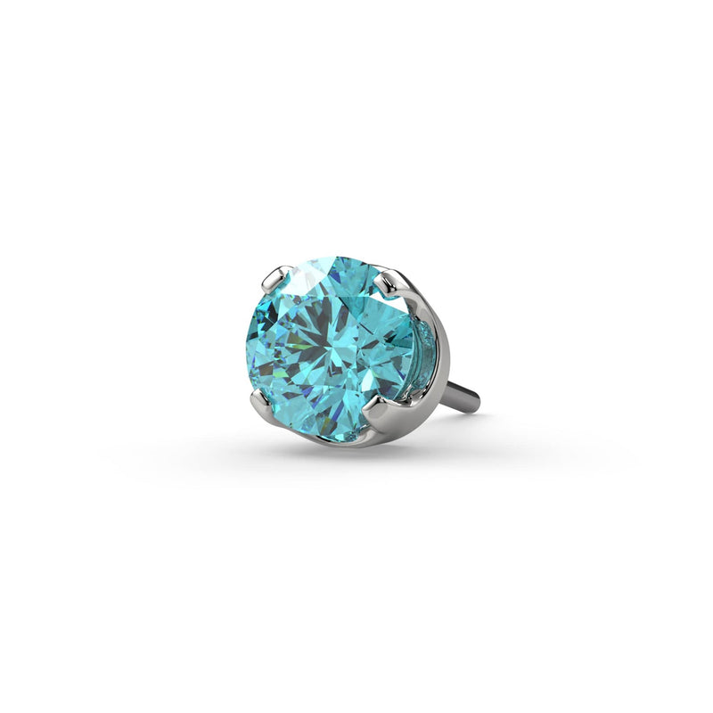14k white gold 2.5mm aqua diamond prong end only, front-facing view highlighting bright aqua stone facets