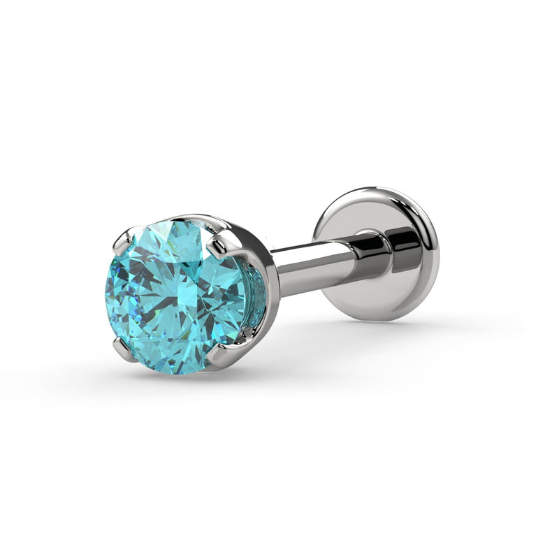14k white gold 2.5mm aqua diamond prong flat back labret stud, angled view highlighting cool silver tone