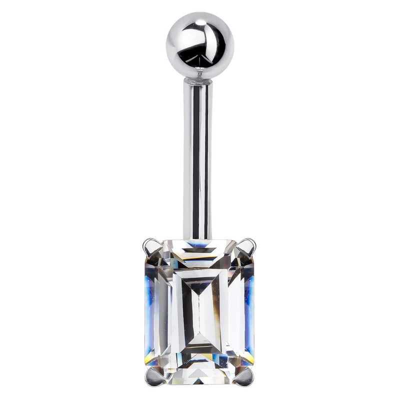 14k white gold belly button ring with emerald-cut CZ in four-prong setting, straight-on view
