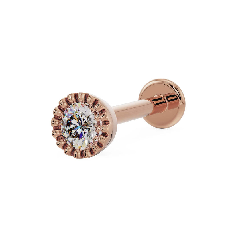 14k rose gold 2.5mm diamond perlage flat back labret stud, angled view showing warm rose tone setting