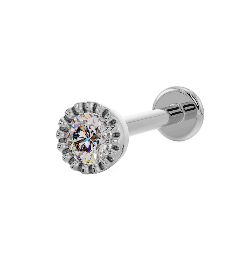 14k white gold 2.5mm diamond perlage flat back stud, angled side view showing post and flat backing