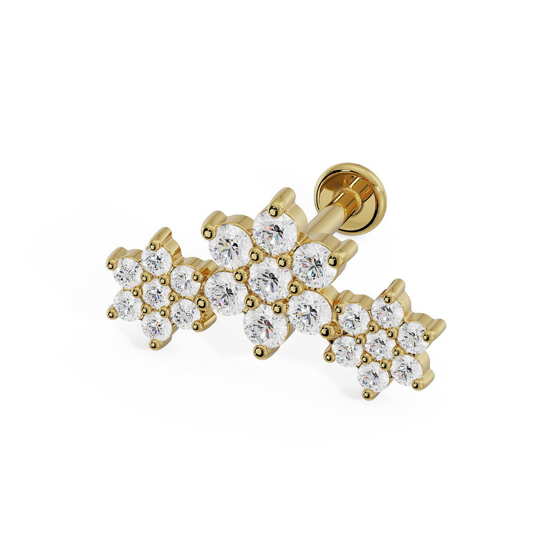 14k yellow gold triple flower flat back labret stud, side profile showing post and flat backing