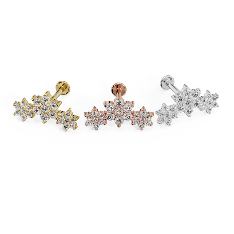 Triple flower flat back stud in yellow gold, rose gold, and white gold shown front-facing for color comparison