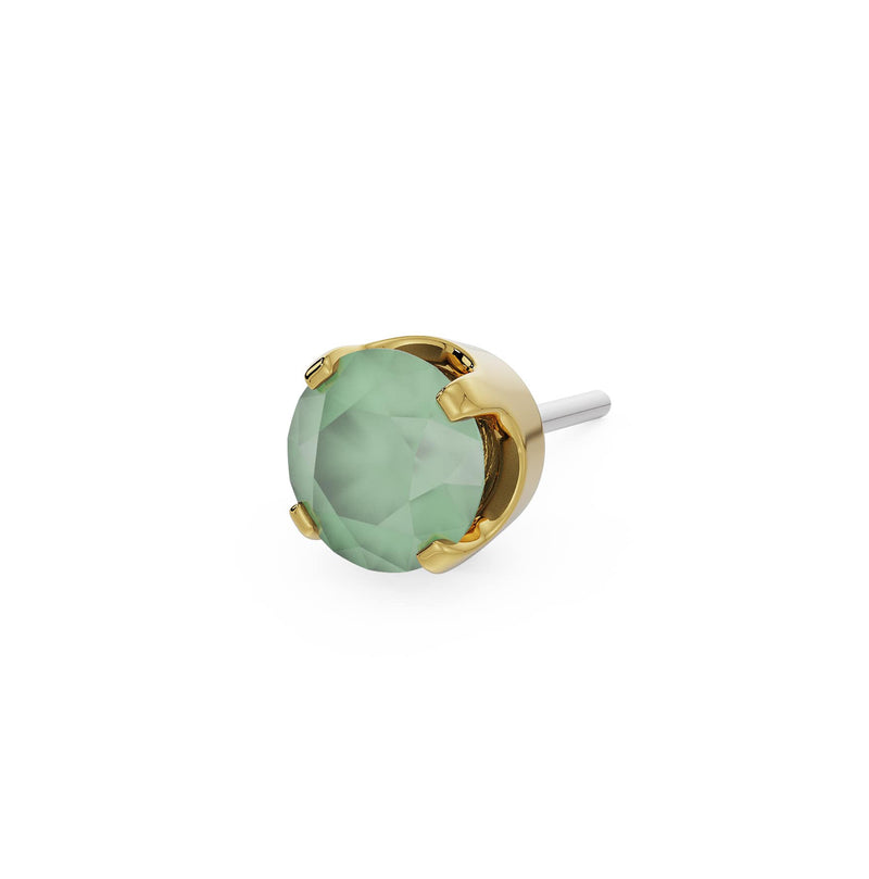 14k yellow gold 2mm chrysoprase solitaire threadless piercing stud end showing milky green stone