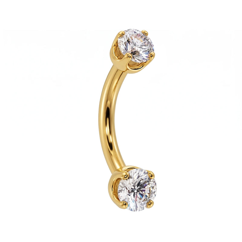Side view of 14k gold curved barbell with 2mm clear stones