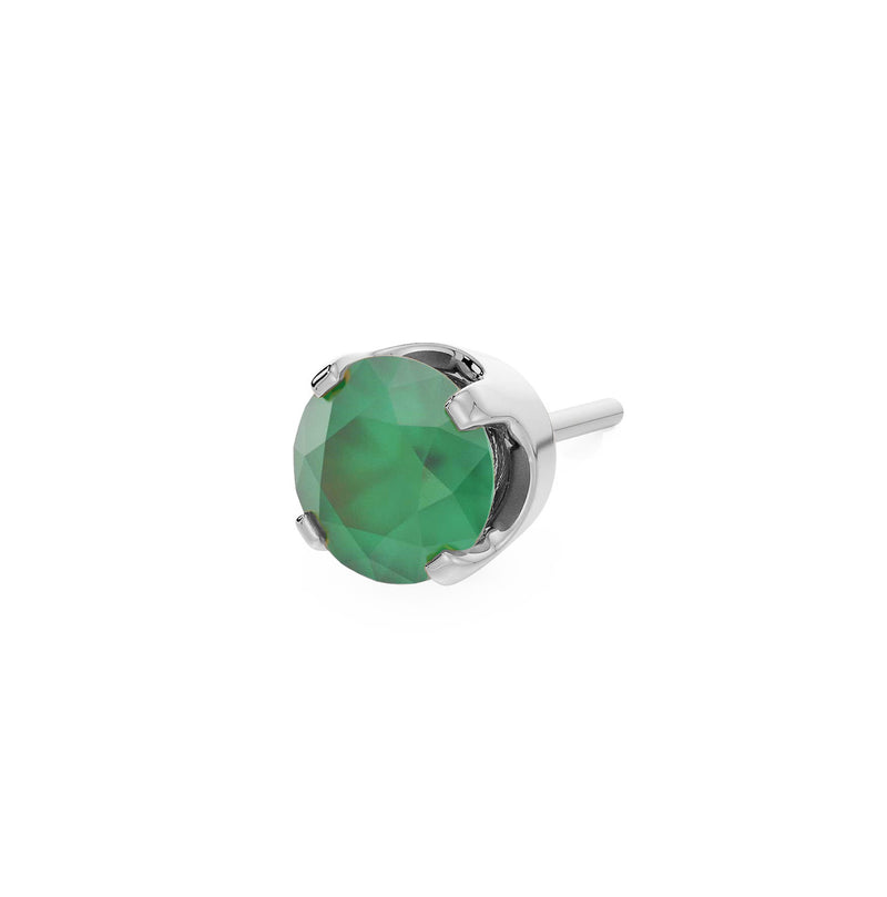 14k white gold 2mm emerald solitaire threadless piercing stud end, angled side view