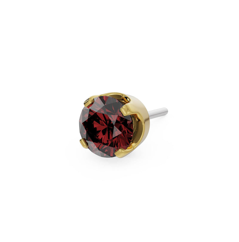 14k yellow gold 2mm garnet solitaire threadless piercing stud end, angled side view